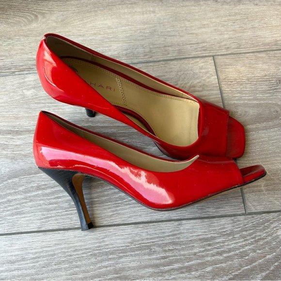 Tahari RIDDLE Red Patent  Leather Heels Open Square Toe Pumps - Picture 2 of 15